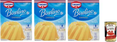Produktbild von Cameo Cremige Pudding Mix mit Vanilla geschmack, einfach zuzubereitendes Dessert, Die Packung enthält 2 Beutel mit je 4 Portionen für insgesamt 8 Portionen, 3x 130 g + Italian Gourmet polpa 400g
