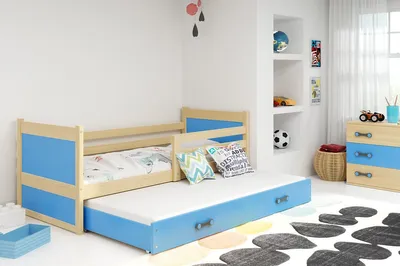 Obrázok produktu pre Detská posteľ s prístelkou a matracom 80x190 FERGUS - borovica / modrá
