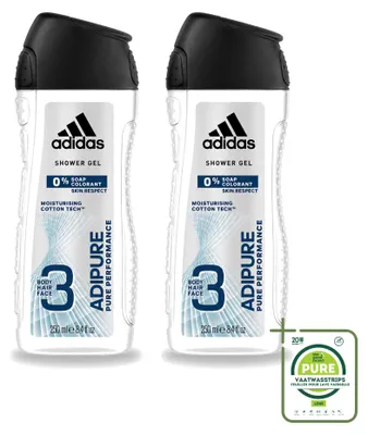 Obrázok produktu pre 2 x Adidas Adipure – gél na sprchu a šampón 2 v 1 – 250 ml – veľké balenie – 2 kusy