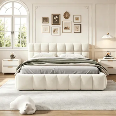 Produktbild von INONEFT Polsterbett Doppelbett 160x200cm mit Lattenrost, Bodenbett mit gepolstertem Kopfteil im Bubble, Beige Leinen Designer Bett für Schlafzimmer