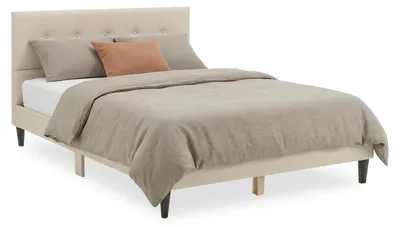 Image de Cadre de Lit Rembourré Lit Double 140x200 Beige Sommier à Lattes Tête de Lit Tissue