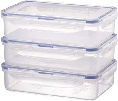 Obrázek produktu pro Tomivo® Sada tří úložných nádob, stohovatelné, z průhledného polypropylenu, bez BPA, s těsněním zabraňujícím úniku, objem 3×800 ml, vhodné do mikrovlnné trouby a mrazáku, určené pro praváky