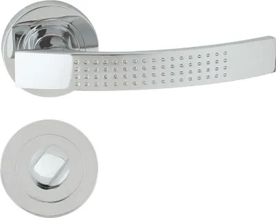 Produktbild von DOMINO Türgriff Drückergarnitur WC - Badezimmer Set | Rund-Rosette | Türbeschlag für Badezimmertüren | Set WC - Rosetten-Garnitur | Türklinke aus Aluminium | Chrom Türdrückergarnitur | ALMA-R ECO M6