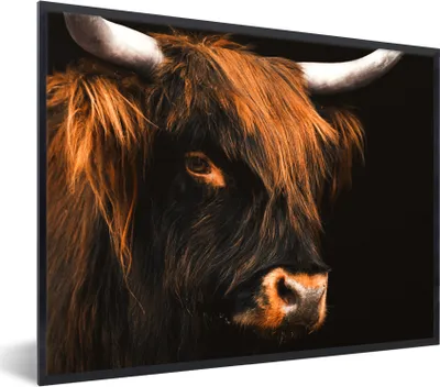 Produktbild von MuchoWow® Gerahmtes Poster Schottischer Highlander - Schwarz - Kuh - Horn - Tiere 80x60 cm - Poster mit Schwarzem Bilderrahmen Wandposter Rahmen Foto Bilder - Schwarzem - Mit Gestell