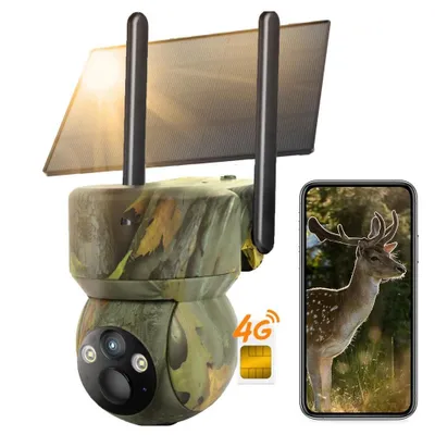 Produktbild von 4G LTE Wildkamera Solar 360° 2K-Wildkamera mit  Handyübertragung App Kabellos  Farbnachtsicht PIR Unbegrenztem SIM-Karte IP66 wasserdicht