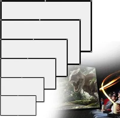 Multiple projection screens are shown in various sizes, with a movie scene featuring a dinosaur and people watching a movie in a cinema.