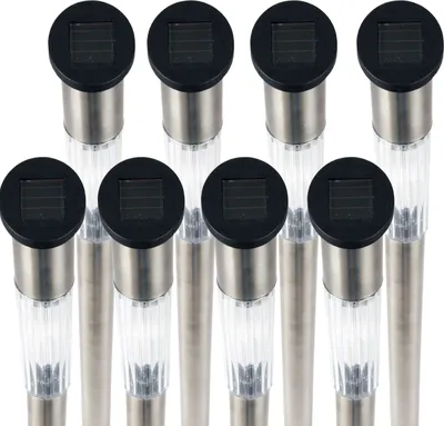 A set of solar-powered garden lights arranged in two rows against a white background.