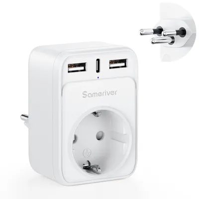 Produktbild von Schweizer Reiseadapter, Stecker für Deutschland – Schweizer Reiseadapter mit 2 USB-Anschlüssen, 1 USB-C Anschluss