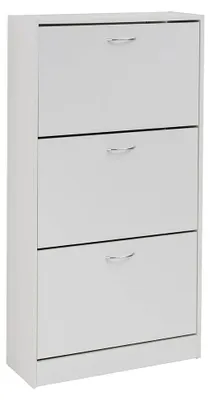 Produktbild von Platzsparender Schuhschrank aus Melaminholz für Eingangsbereiche, 18 Paare Schuhe mit 3 Klapptüren und doppelter Tiefe 24x63x120 cm