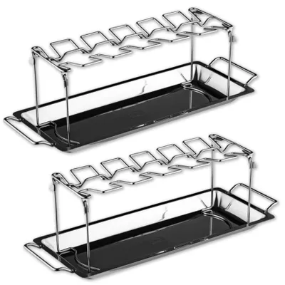 Produktbild von 2er Set Edelstahl Hähnchenschenkel Halter mit Auffangschale für 12 Schenkel Hähnchen Grill Backofen Hähnchenflügel Ständer Gemüseschale Grillhalter