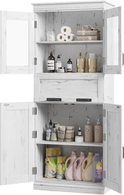 Image de Armoire de salle de bain avec 1 tiroir et 4 portes, armoire de salle de bain haute avec étagères réglables Commode de salle de bain Rangement pour cuisine, salon blanc