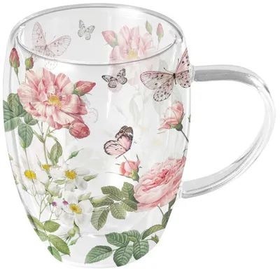 Productafbeelding van Dubbelwandig glazen beker, Ø 8,5, hoogte 11 cm, inhoud 0,35 L, kleur wit, met vlinderprint