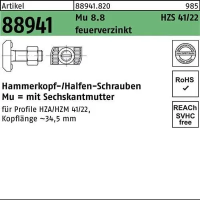 Produktbild von Hammerkopfschraube R 88941 Typ HZS41/22 6-kantmutter M 12 x 50 Mu 8.8 feuerverzinkt