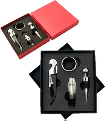 Immagine prodotto di set di apribottiglie da 4 pezzi con confezione regalo in confezione doppia (nero/rosso) | Set di accessori da vino con cavatappi, versatore per bottiglie, tappo per bottiglie e anello salvagoccia | Regalo per gli amanti del vino