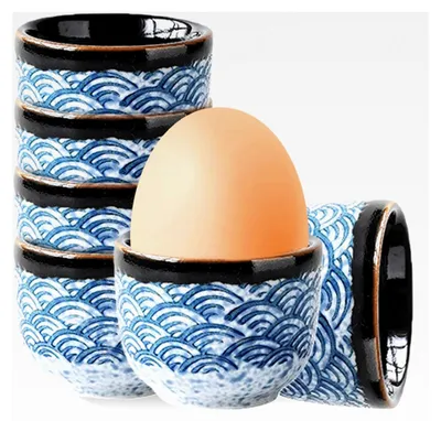 Produktbild von 6 Stück Eierbecher aus Porzellan, Eierhalter für Camping und Küche, Spülmaschinengeeignet, Set für Frühstückstisch mit hart und weich gekochten Eiern (Hellblau)