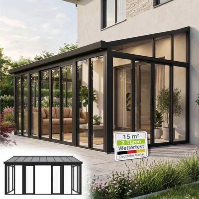 Produktbild von Juskys Wintergarten 15 m² - mit kristallklaren Wänden, Doppel-Schiebetüren & UV-Schutz – wasserdicht & winterfeste Überdachung aus Aluminium - Grau