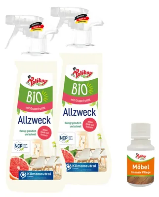 Produktbild von Poliboy 2er  Allzweckreiniger mit Möbel Probe - schnelle und effektive Reinigung für alle Oberflächen und Holzarten - Vegan - 2x500 ml - 99A1801