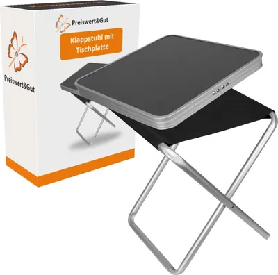 Produktbild von Klappstuhl mit Tischplatte 40x40cm, Sitzhöhe 45cm aus Aluminium bis 100kg – Tragbarer Campinghocker als Fußhocker - Angelstuhl