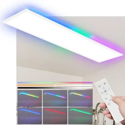 A rectangular LED panel light with RGB backlight is shown mounted on a ceiling. Below the light, there are visual representations of different color options and a remote control.