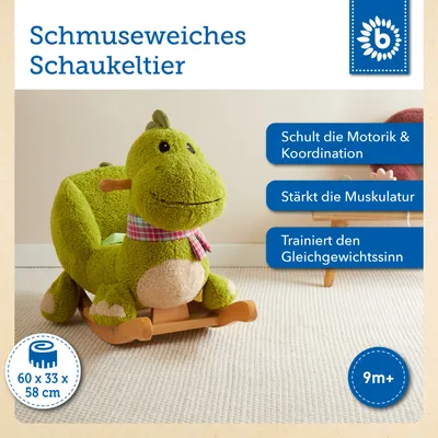 A green plush dinosaur rocking toy is shown on a light-colored carpet. Text overlays describe its features and benefits.