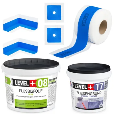 Immagine prodotto di Kit di impermeabilizzazione Foglio liquido 4 kg Primer per piastrelle 1,5 kg Nastro sigillante 5 mb Doccia - LEVEL+ SET334