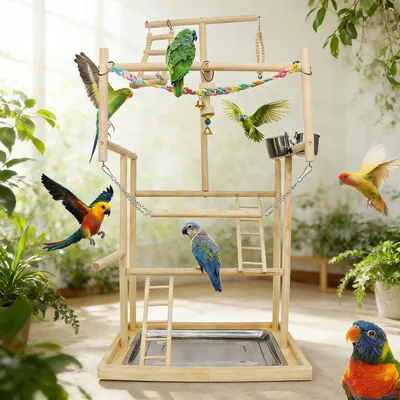 Produktbild von Vogelspielplatz Holz mit Edelstahl-Futterbechern 94x48x34 cm für Papageien und Sittiche