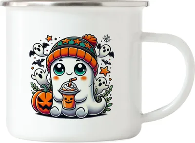 Produktbild von Süßes Geister-Design Emaille-Tasse Halloween Kürbis Herbst Geist niedlich