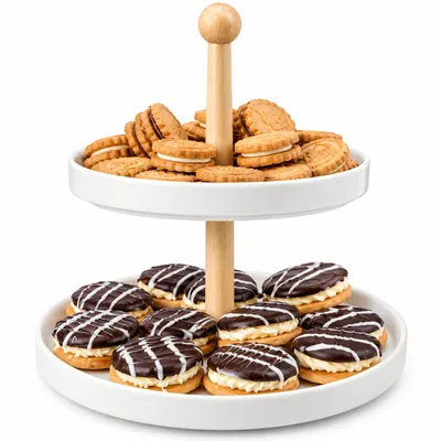 Image de Étagère 2 étages en porcelaine avec tronc en bois Support à gâteau Support à gâteau Support de service