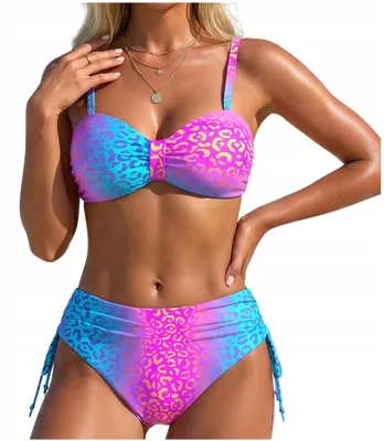 Produktbild von High Waist Bikini Damen - Neon Leo Muster - Zweiteiler Ombre - Bauchweg Boho - L 40