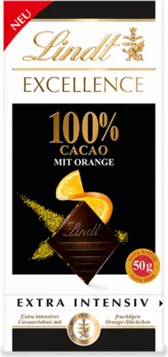 Immagine prodotto di Lindt Excellence 100 per cento cacao con arancia cioccolato fondente fine 50g