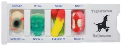 Produktbild von Tablettenbox Halloween Hexe gefüllt mit Fruchtgummi Scherzartikel 25g