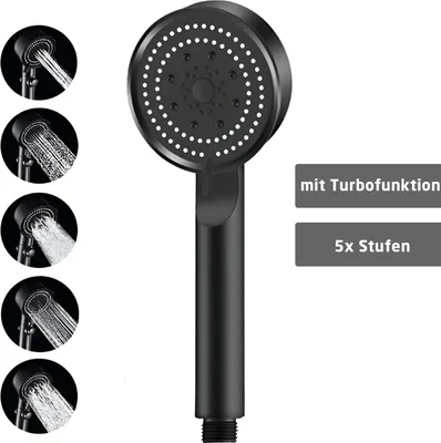 A black shower head with multiple water spray patterns shown in circular insets, and feature callouts.
