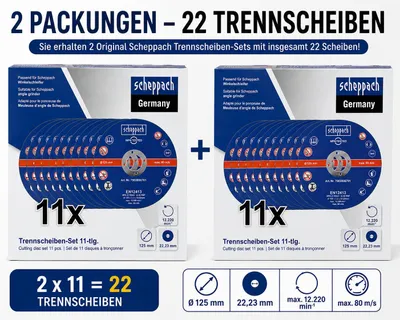 Produktbild von 2x Scheppach Trennscheiben-Set mit jeweils 11 Stück. Insgesamt 22 Metall-Trennscheiben Ø 125 mm, 1,2 mm stark, passend für Winkelschleifer mit 22,23 m