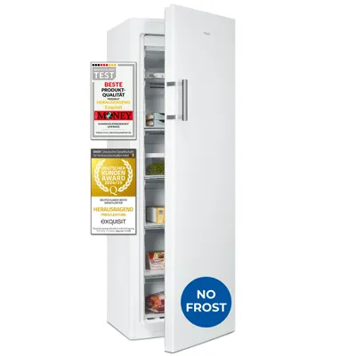 A white upright freezer with its door slightly ajar, displaying several shelves with food items. It has multiple award badges on the left side and a 'NO FROST' circular sticker on the door.