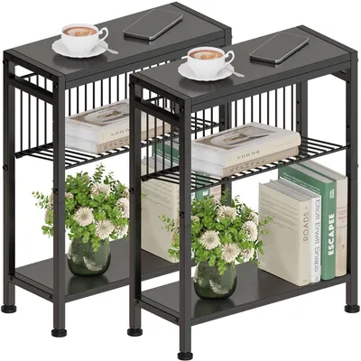 Produktbild von Omgoods – Kleiner Beistelltisch mit 3 Ablagen und Zeitschriftenhalter, Schwarz