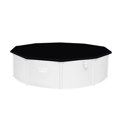 A black pool cover is shown on top of a white, round above-ground pool.