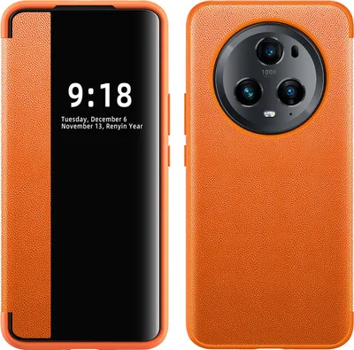 Image de Etui pour Honor Magic 5 Pro étui fin en cuirPolyuréthaneavec fenêtre d'affichage Orange