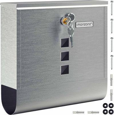 MONZANA® Briefkasten Kreuzschloss mit Kupfer-Schließzylinder drehbare Abdeckung 31x10x34 cm Sichtfenster Namensschild Zeitungsfach einfache Montage Edelstahl 2 Schlüssel Postkasten Silber