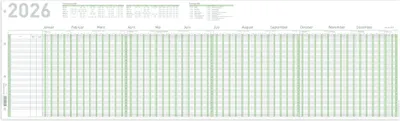 A yearly planner with a grid layout for tracking dates and events.