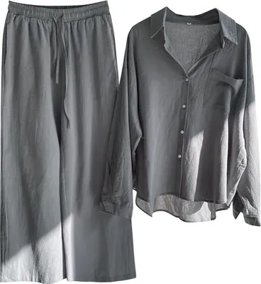 Image de ASKSA Femme Combinaison pantalon Mousseline Blouse deux pièces été Chemise manches longues Pantalon jambes larges Loungewear, Gris, Taille : XL