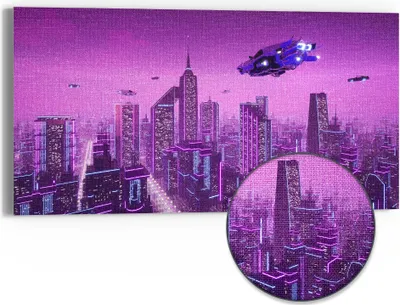 Produktbild von DEQORI Hybrid Leinwand Bild 60x30 cm 'Futuristische Metropole' Wandbild Glas flach modern