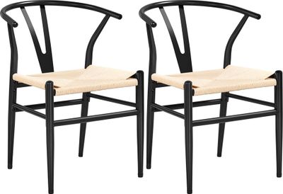 Yaheetech 2-er Set mittelalterliche Esszimmerstühle Y-Stuhl Wishbone Stuhl Querlenkerstuhl Rattan-Sessel Lehnstuhl mit Gewebtem Sitz Stapelstühle für Esszimmer und Wohnzimmer Metallrahmen Schwarz