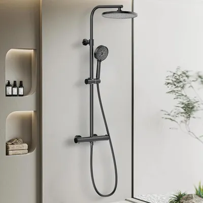 Immagine prodotto di Sistema doccia termostatico nero con doccia a pioggia da 25 cm, soffione a 3 getti, doccetta manuale, altezza regolabile da 79 a 128 cm