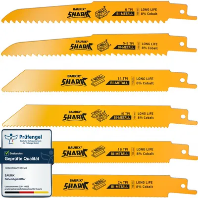 Produktbild von BAURIX® [LONG LIFE] Säbelsägeblätter, 6 Stück, 150 mm, 5/8 bis 24 TPI, Holz mit Nägeln, Metall, Kunststoff, Sägeblatt Säbelsäge für schnelle Schnitte