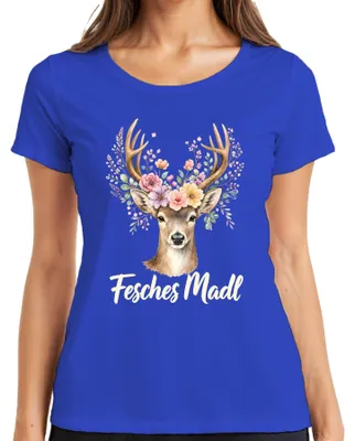 Produktbild von Fesches Madl Reh Hirsch Blumen Geweih Tracht Bayern Lederhose Jagd Damen T-Shirt, Blau, 3XL