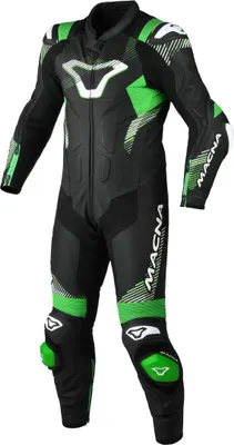 Zdjęcie produktu dla Macna Armadyl perforowany 1-częściowy kombinezon motocyklowy ze skóry, czarny/biały/zielony, 54