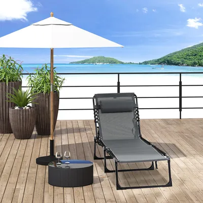 Produktbild von Sonnenliege klappbar mit Nackenkissen, Gartenliege Campingliege, Netzstoff Stahlrahmen, Grau | 189 x 58 x 30 cm | 120 kg | 5-fach verstellbar