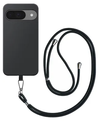 Zdjęcie produktu dla Etui na telefon Google Pixel 9 / 9 Pro z odpinaną czarną smyczą - elastyczne etui na tył z silikonu TPU z czarną smyczą - czarne - Smartphonica