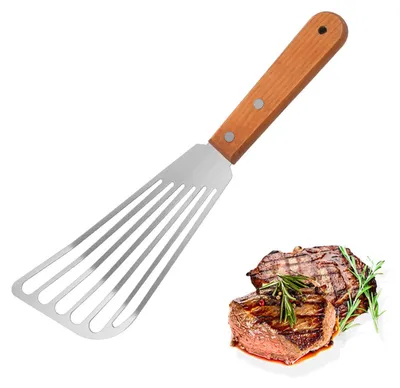 Produktbild von Fischwender aus Edelstahl mit Schlitzen und Holzgriff