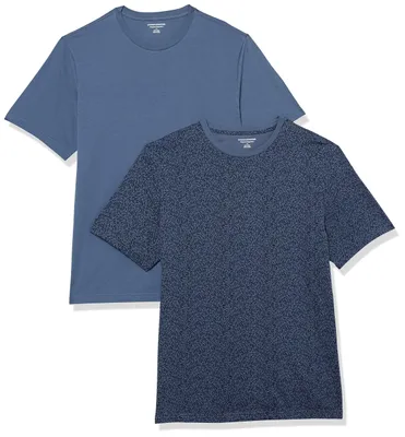 Produktbild von Amazon Essentials T-Shirts für Herren, 100% Baumwolle und Baumwoll-Polyester-Mischgewebe, Normale Passform, kurzärmelig, Rundhalsausschnitt, 2er-Pack, Marineblau mit Blumendruck/Washed Blue, Medium